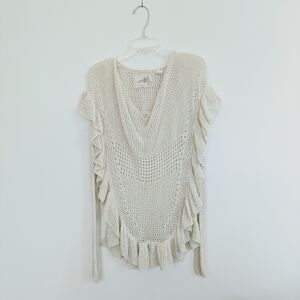 Angel of the North by Anthropologie XS Crocheted Cream  Mesh Ruffle Sweater